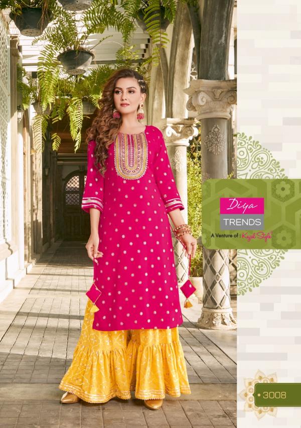 Diya Fashion Tadka Vol 3 Rayon Foil Print Designer Kurti Sharara collection